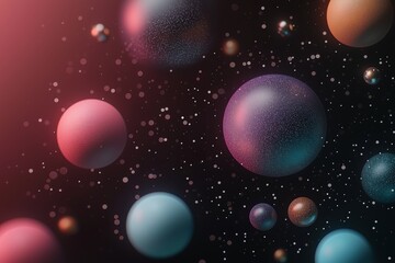 Colorful celestial orbs float amidst a mystical backdrop of shimmering stardust, creating an enchanting cosmic spectacle above an infinite expanse