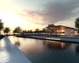Fototapeta premium Modern architecture by the serene water.
