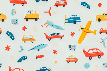 Bright pattern with cars and planes on a white background for children's clothing and textiles, textures, patterns