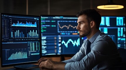 Fototapeta premium Concentrated Analyst Studying Charts on Dual Monitors, Data Analysis , Finance