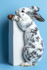 Adorable Black and White Rabbit with Acorn by White Box on Blue Background