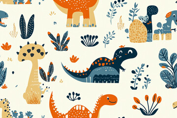 Children's pattern with funny dinosaurs and plants in cartoon style on a light background, textures, patterns