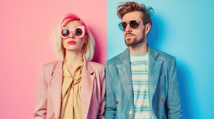 Stylish couple posing against vibrant pink and blue backdrop