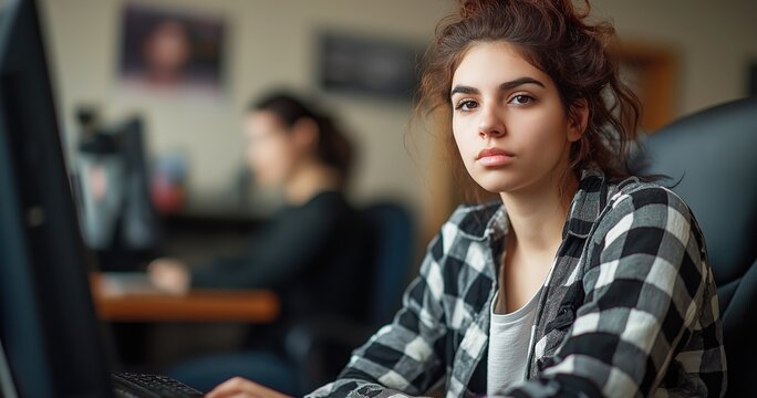 A young girl wearing a plaid shirt stares intently at her computer, embodying frustration and determination, while friends engage nearby