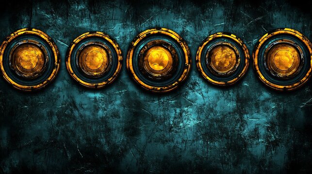 Glowing metallic circles dramatically arranged on textured teal background. AI Generated