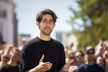 A passionate young leader captivates an audience at an outdoor rally, sharing ideas on change and progress while encouraging crowd participation