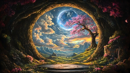 Obraz premium Fantasy cave portal, planet, tree, landscape, sunset; digital art
