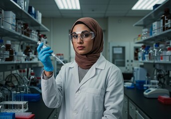 Focused Female Scientist in Hijab Holding a Test Tube in a Laboratory