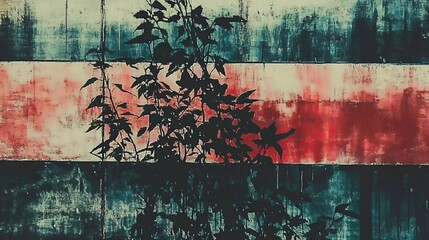 Rustic red and blue textured wall plant silhouette. AI Generated