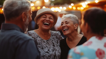 Happy elderly friends dancing and laughing at party enjoying life and retirement