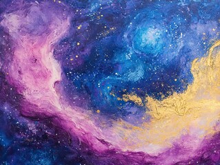 Fototapeta premium Cosmic Nebula Painting, Purple, Blue, Gold, Swirling Space Art, Galaxy Background