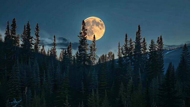 The full moon radiates a warm light over a tranquil forest at dusk, creating a captivating atmosphere as shadows dance among the towering trees.