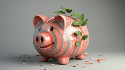 A piggy bank with a plant growing from it, symbolizing financial growth, clean vector art