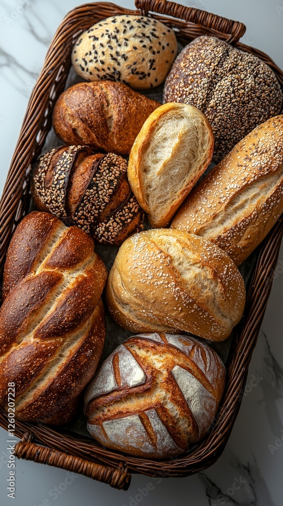 Aufkleber a vibrant display of various bread types elegantly arranged in a rustic wicker basket, showcasing th