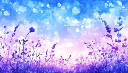 Dreamy. Pastel Lavender Watercolor Background, Wheat Field, Silhouette Flora, Subtle Shadows Light.