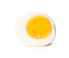 Side view of single cooked or boiled egg with egg yolk in half isolated on white background with clipping path
