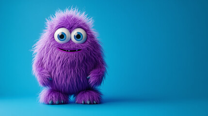 Fototapeta premium Cute fluffy purple monster on blue studio background