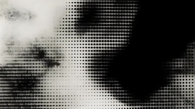 Abstract video art with a halftone pattern and monochrome palette. Close-up angle creates a dynamic, textured visual effect.