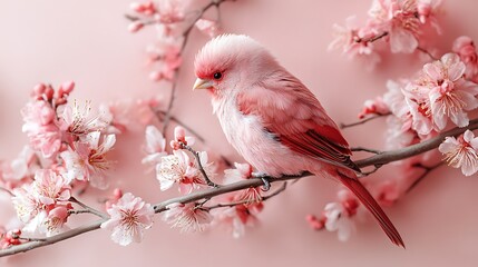 Pink bird on cherry blossom branch, spring pastel background, delicate nature scene, greeting card