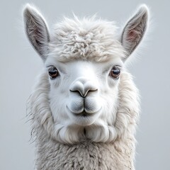 Obraz premium Fluffy white alpaca portrait, farm background, animal website