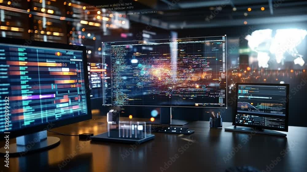Poster high-tech workspace showcasing advanced data analytics and ai technology in 4k resolution