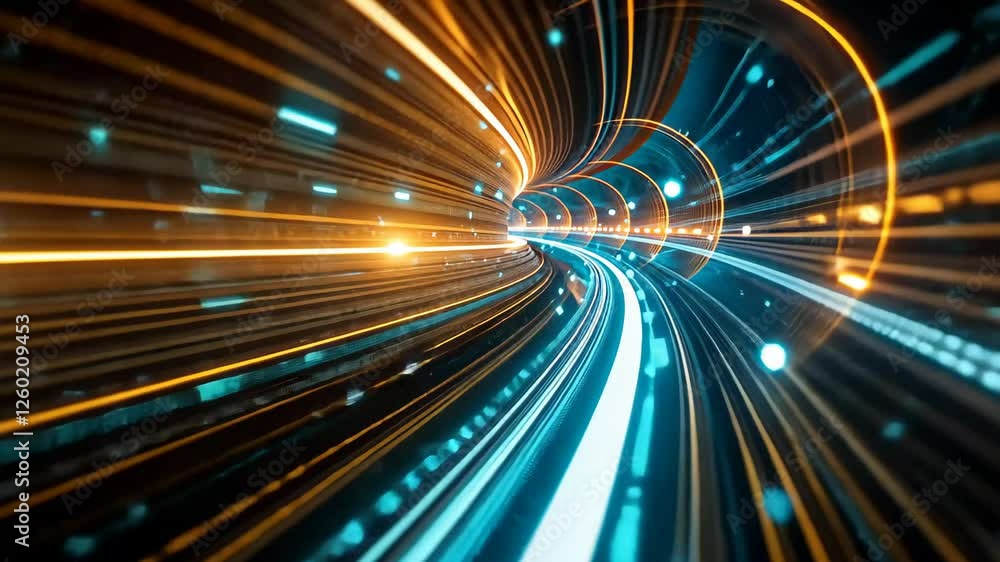 Poster vibrant light trails and glowing particles extend through a futuristic tunnel, creating a sense of m