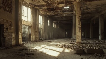 Fototapeta premium Sunbeams in a Ruined Factory: A Glimpse into Decay and Time's Passage