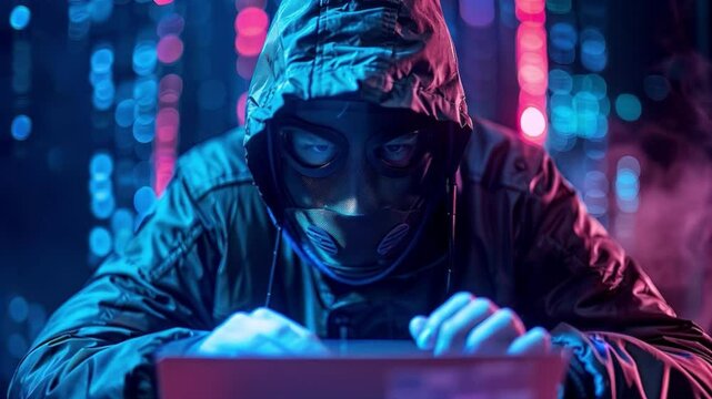 A hacker in a hooded jacket engaged with a laptop, illuminated.
