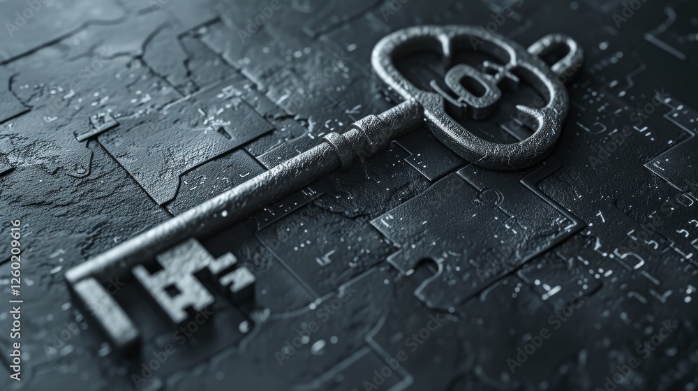 Poster a highly detailed metallic cyber key on a futuristic textured surface, representing digital security