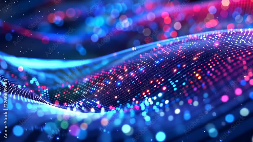 Poster a vibrant display of colorful lights forms undulating waves in a cosmic space at night, creating an 