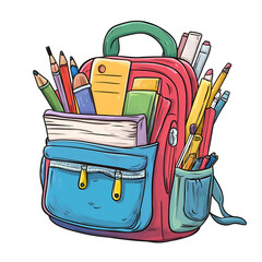 A blue, red and green backpack filled with school supplies, Isolated on transparent or white background cut out, Education and Learning clip art concept