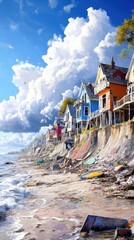 Obraz premium Devastation along the coastline after hurricane impact shows eroded cliffs and damaged houses