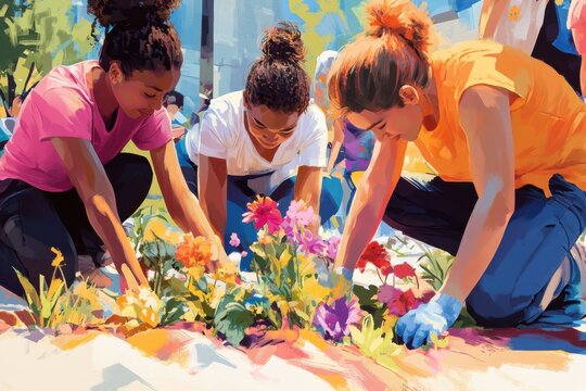 Volunteers bring life to urban park by planting flowers under bright sunlight