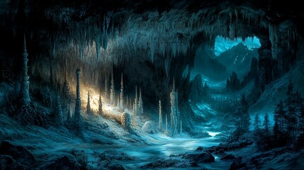 Obraz premium Magical ice cave landscape, glowing columns, fantasy scene, artwork