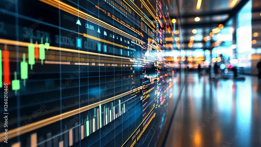 Poster dynamic stock market trends displayed in modern trading environment with high-tech visuals