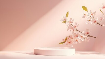Floating podium with subtle pastel tones and delicate blossoms, soft sunlight creating a spring-themed product mockup