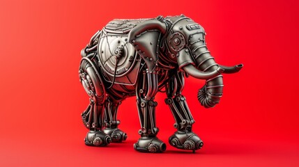 A futuristic steampunk-inspired robotic elephant with intricate metallic details and mechanical joints stands against a striking red background. AI generated.