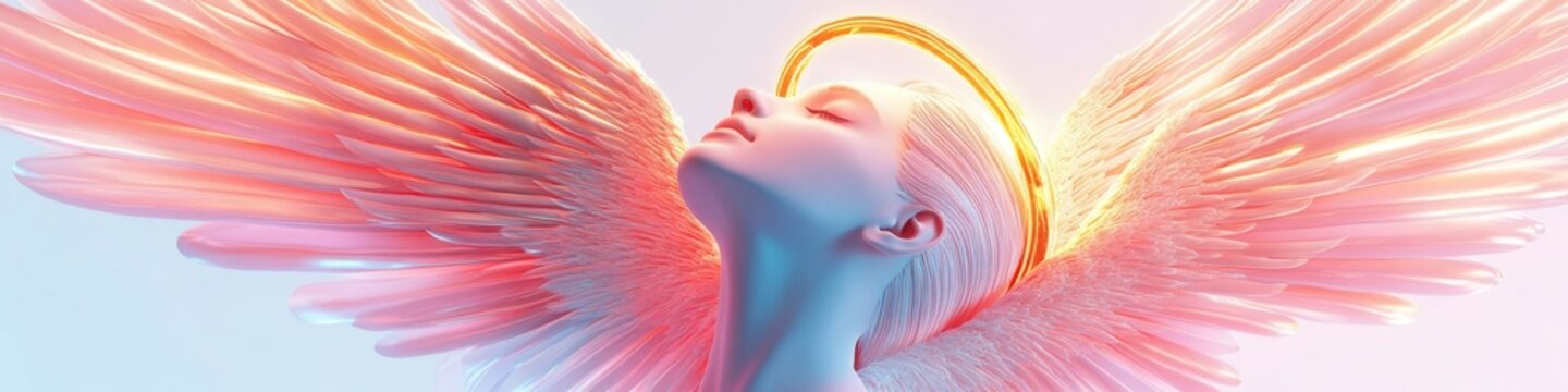 Serene angel with pink wings and halo, ethereal beauty.