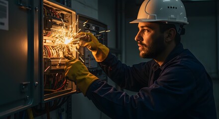 Focused electrician expertly repairs electrical panel, sparks fly, intense concentration, meticulous work, safety gear, problem-solving.