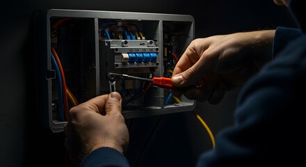 Focused electrician meticulously working on electrical panel,  connecting wires with precision and care.