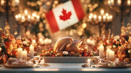 Roasted turkey centerpiece at a warm, candlelit Thanksgiving table.  Canadian flag in background.