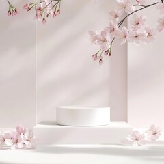Minimal white podium surrounded by cherry blossom petals, soft natural light for a clean springtime mockup