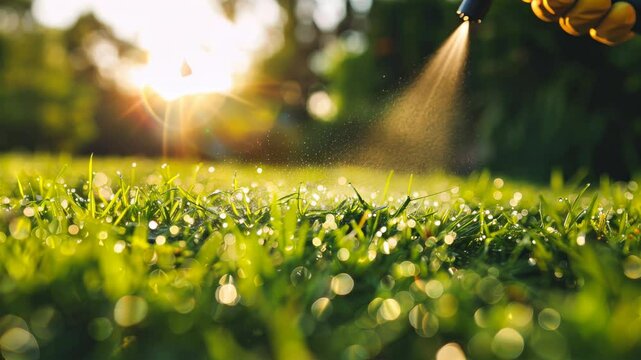 a man is watering the grass
