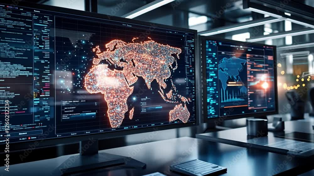 Poster high-tech control room displaying world map with data points and digital interfaces in 4k resolution