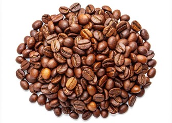 Fototapeta premium Fresh Roasted Coffee Beans Piled Up isolated on white background-A close-up view of freshly roasted coffee beans arranged in a neat pile on a white background.