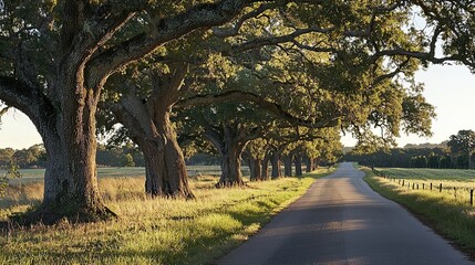 Naklejka premium Scenic tree-lined road with massive oaks and hanging moss. Sunlight filters through branches, casting shadows on the path. Tranquil and picturesque countryside view. Generative AI