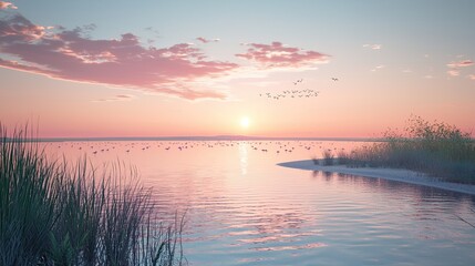 Obraz premium Flock of flamingos wading in a vibrant pink lake. The unique water color contrasts with the elegant birds, creating a surreal and picturesque wildlife scene. Generative AI.
