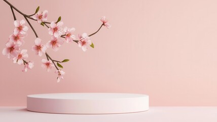 Minimalist podium with blooming cherry blossoms on the side, soft spring lighting for a fresh product mockup