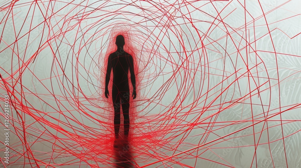 Poster a conceptual digital artwork featuring a silhouetted man standing still, surrounded by swirling red 