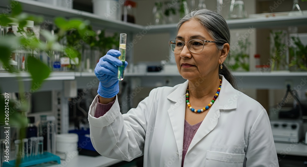 Poster focused scientist examines a test tube, analyzing a sample in a lab setting. serious expression.